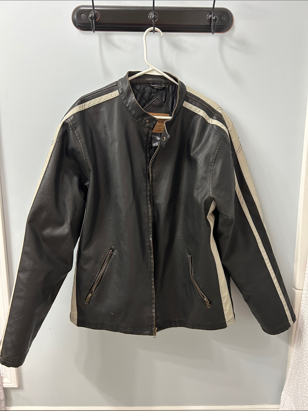 Arizona Black Leather Moto Jacket with Cream Racing Stripes